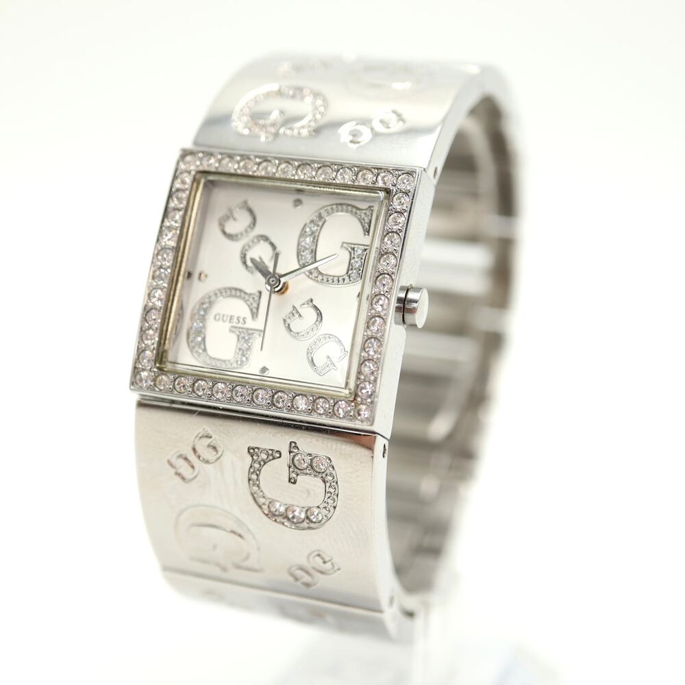 Guess Silver Tone Square Glitter Jewel 26mm Watch Stainless Steel w New Battery